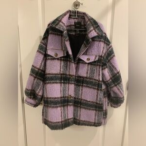 Oversized medium forever 21 purple plaid faux fur jacket #fauxfur #plaid